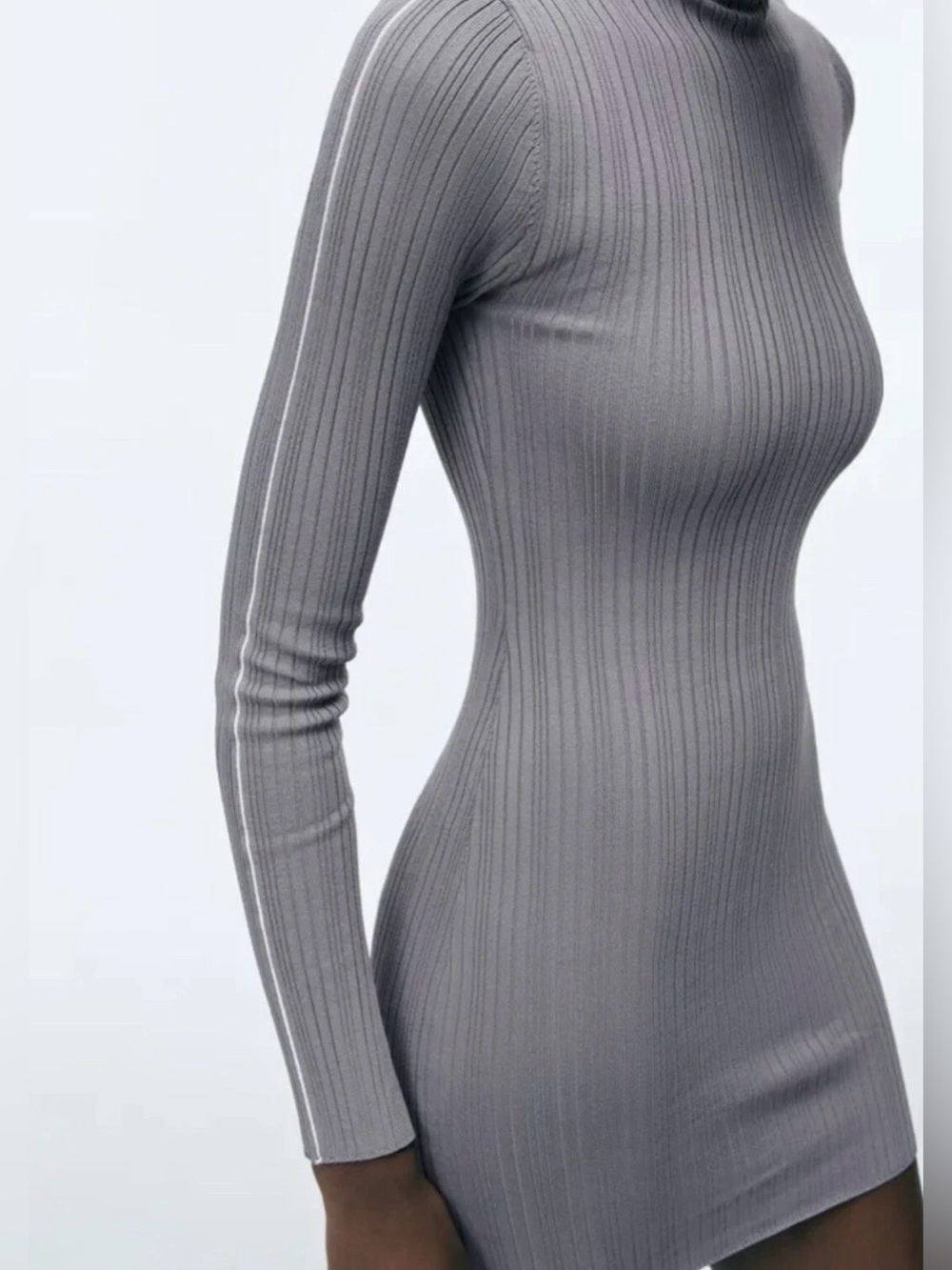 Zara Ribbed Knit Fitted Mini Dress Gray Size XS High Neck Long Sleeves - Picture 3 of 11